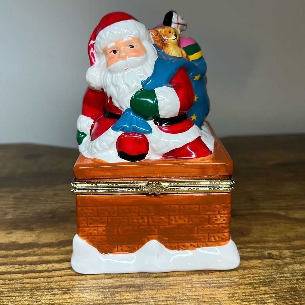 Mr. Christmas Porcelain Wind-Up Music Box Santa in Chimney Inside Movement